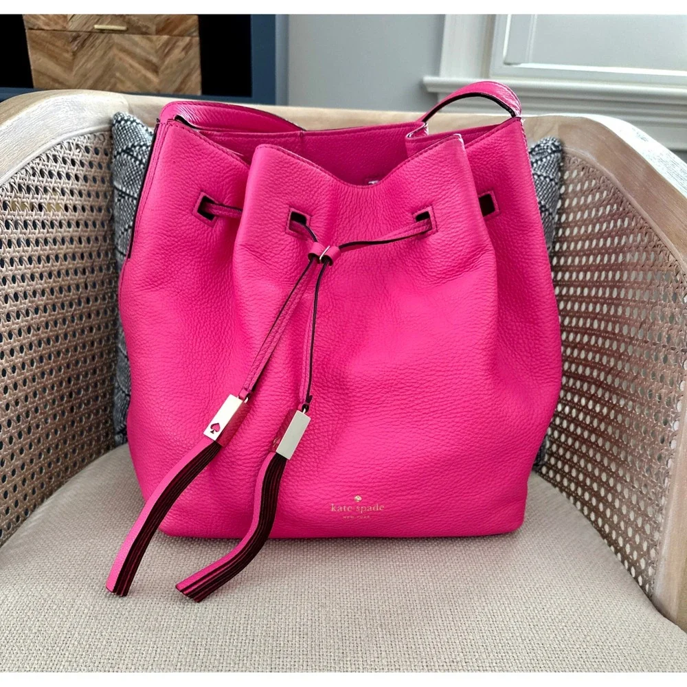 Kate Spade New York Hot Pink Pebbled Leather Drawstring Bucket Bag Crossbody